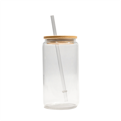 Personalized 16 oz. Glass Can with Bamboo Top and Straw