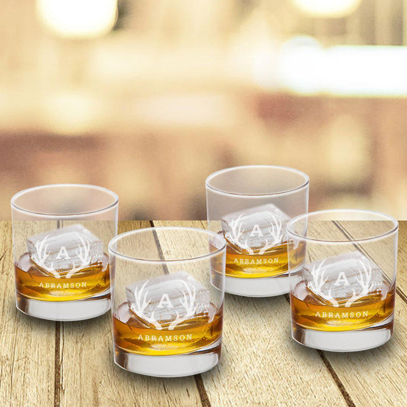 Personalized Lowball Whiskey Glasses - Mongrammed Whiskey Glasses for Groomsmen - Set of 4-Antlers-