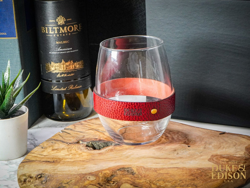 Italian Leather Stemless Wine Glass Gift Set - Red Leather