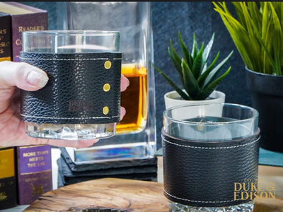 Italian Leather Whiskey Glass Sets - Black Leather