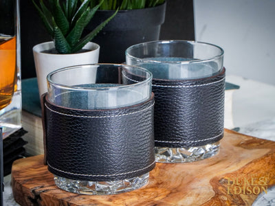 Italian Leather Whiskey Glass Sets - Black Leather