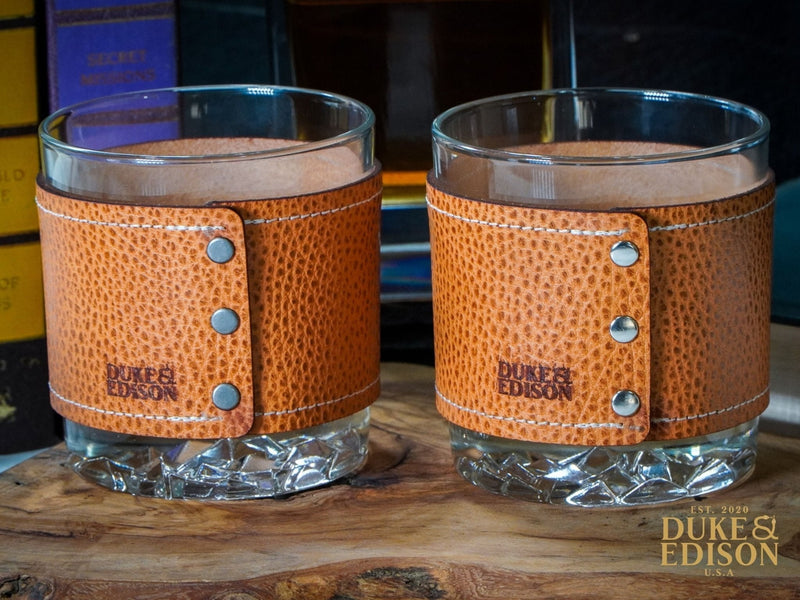 Italian Leather Whiskey Glass Sets - Natural Brown Leather