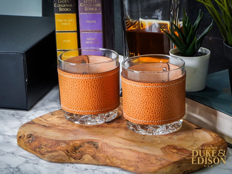 Italian Leather Whiskey Glass Sets - Natural Brown Leather