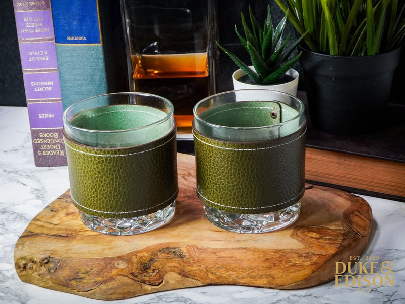 Italian Leather Whiskey Glass Sets - Olive Leather