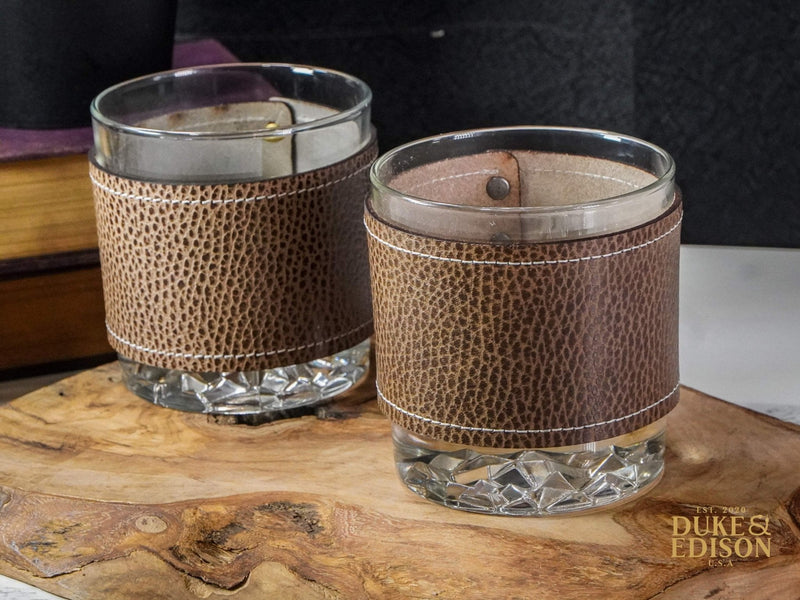Italian Leather Whiskey Glass Sets - Taupe Leather
