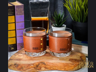 Italian Leather Whiskey Glass Sets - Whiskey Brown Leather