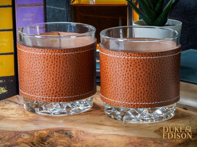 Italian Leather Whiskey Glass Sets - Whiskey Brown Leather
