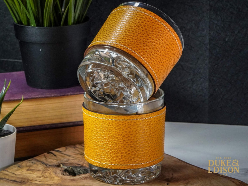 Italian Leather Whiskey Glass Sets - Yellow Leather