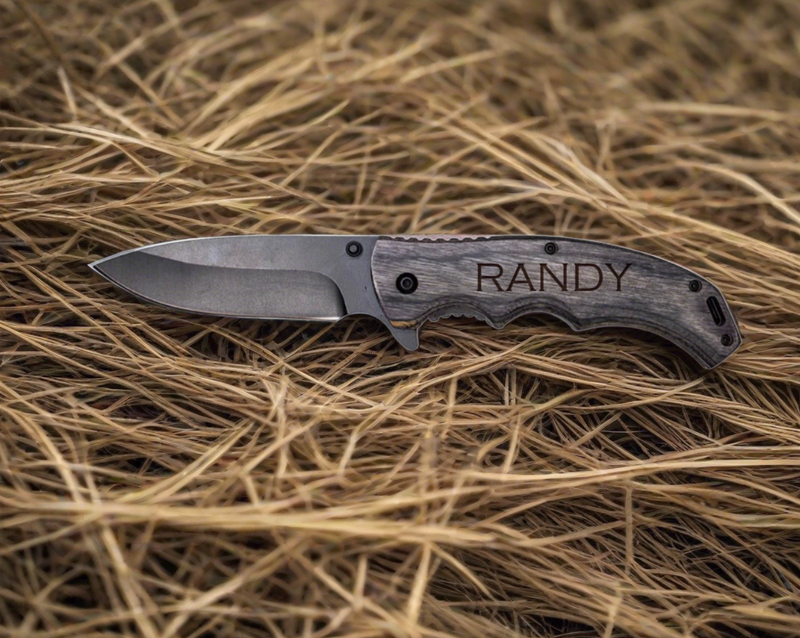 Set of 5 Personalized Black Blade Grey Wood Handle Knife