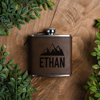 Personalized Brushed Steel Leather Wrapped Flasks