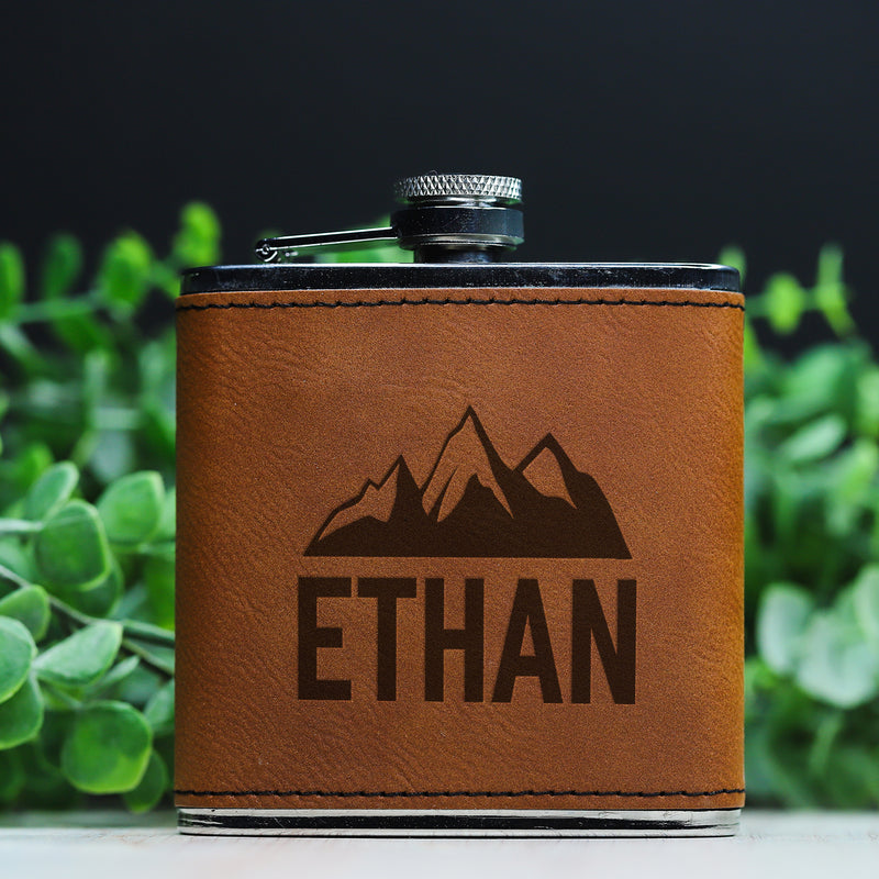Personalized Brushed Steel Leather Wrapped Flasks