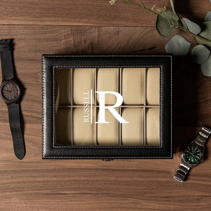 Personalized Leather Monogrammed Watch Box  - Holds 10 Watches