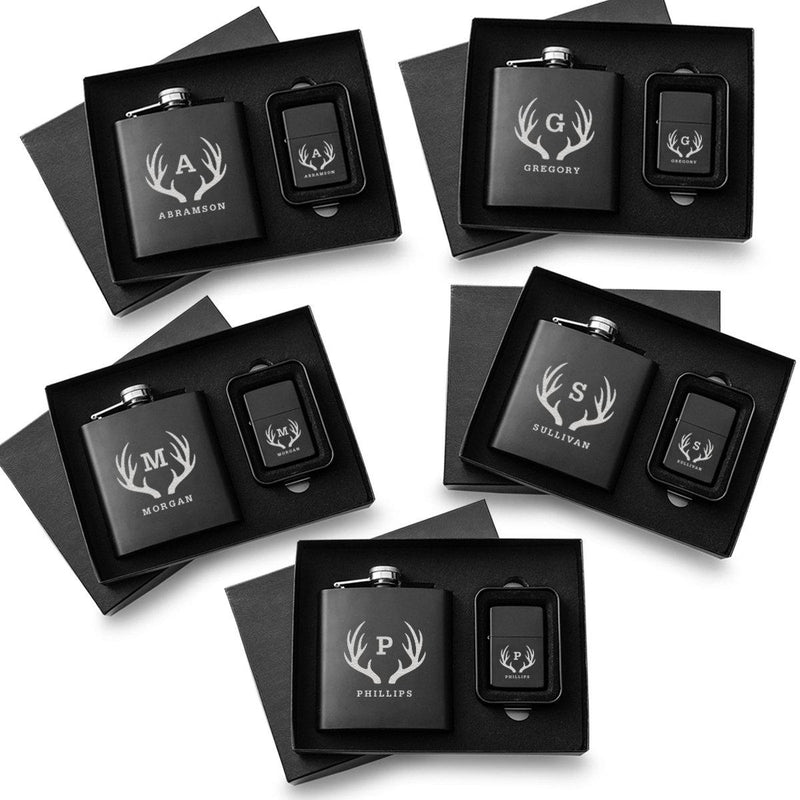 Personalized Black Flasks & Lighters - Gift Set of 5-Flasks-JDS-Antlers-