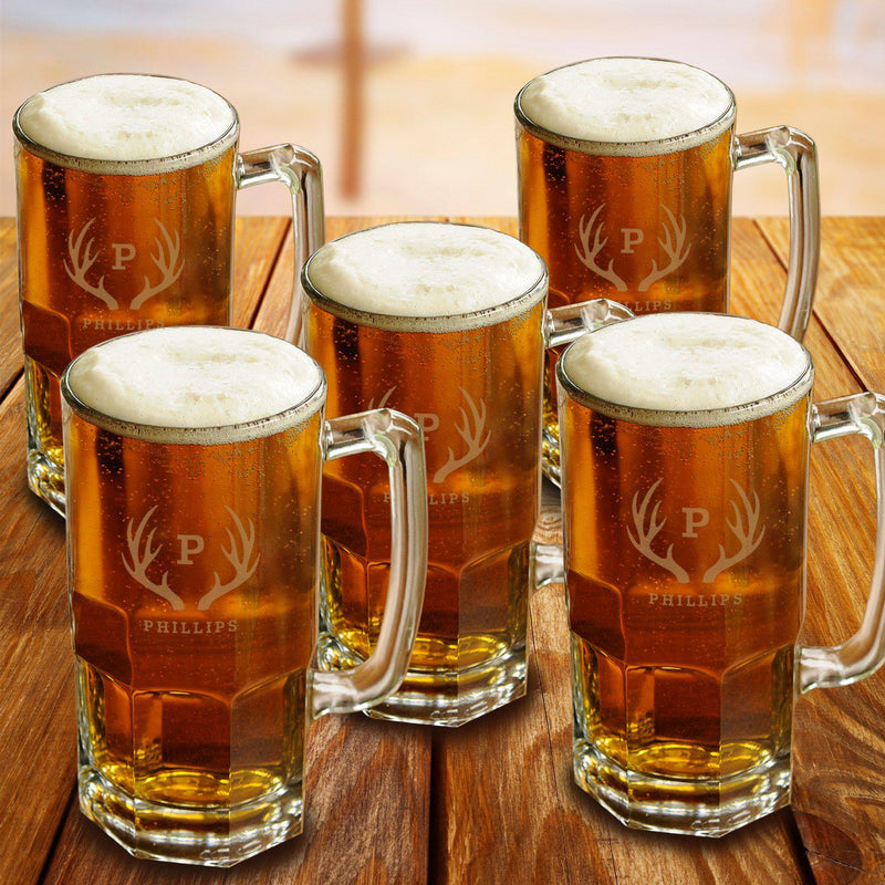 Personalized Groomsmen Glass Beer Mugs Set of 5 - 32 oz.-Barware-JDS-Antlers-