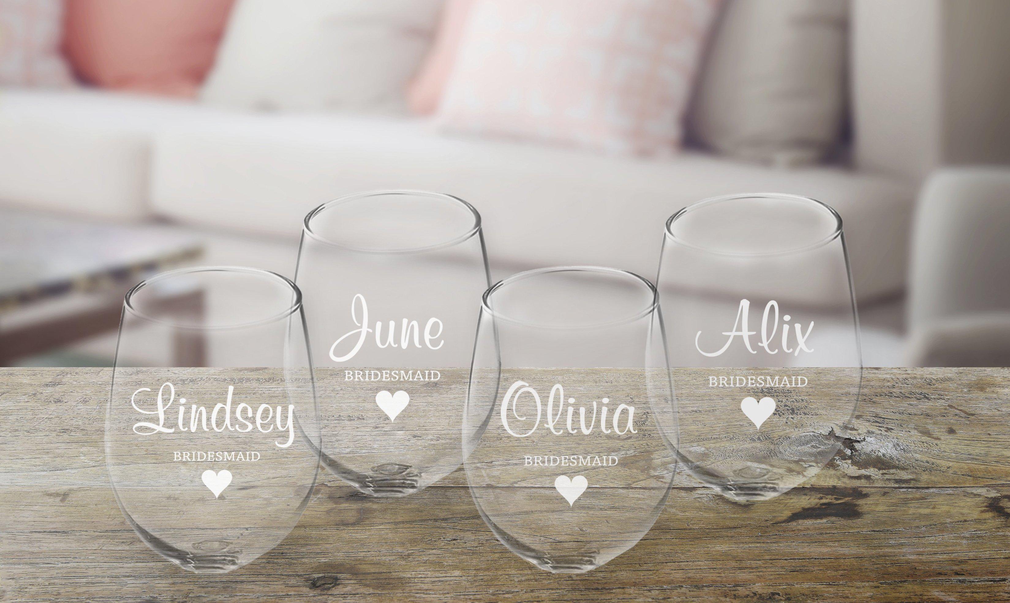 Set of 8 - Custom Engraved Bridal Party Wine Glass, Personalized Wine Glass