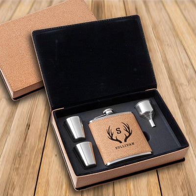 Personalized Cork Flask Gift Set - Shot Set - Groomsmen-Antlers-