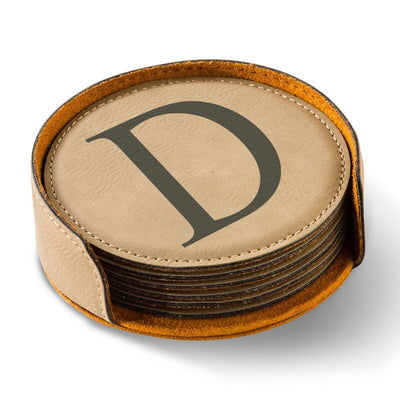 Personalized Light Brown Round Leatherette Coaster Set-Default-