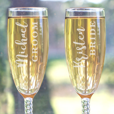 Personalized Bride and Groom Twisted Stem Flute Set