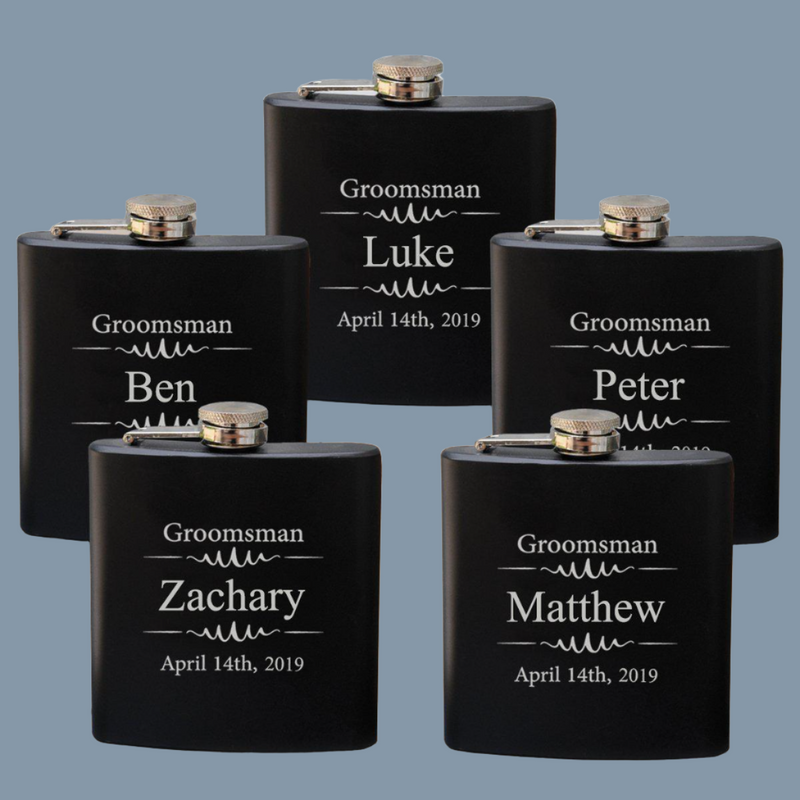Groomsmen Set of 5 Black Matte Flasks