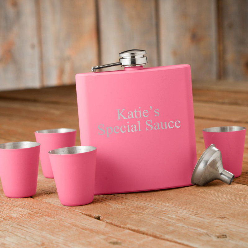 Personalized Pink Flask Set with Shot Glasses