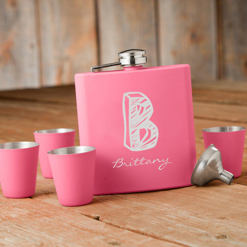 Personalized Pink Flask Set with Shot Glasses