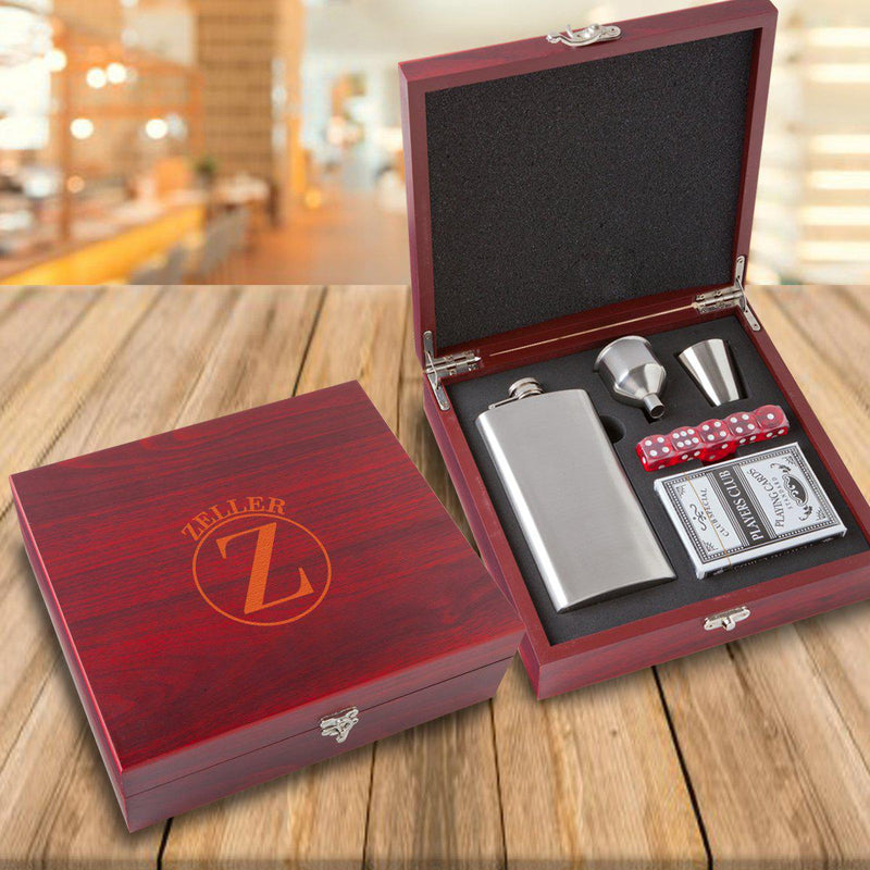 Personalized Rosewood Flask Cards & Dice Set