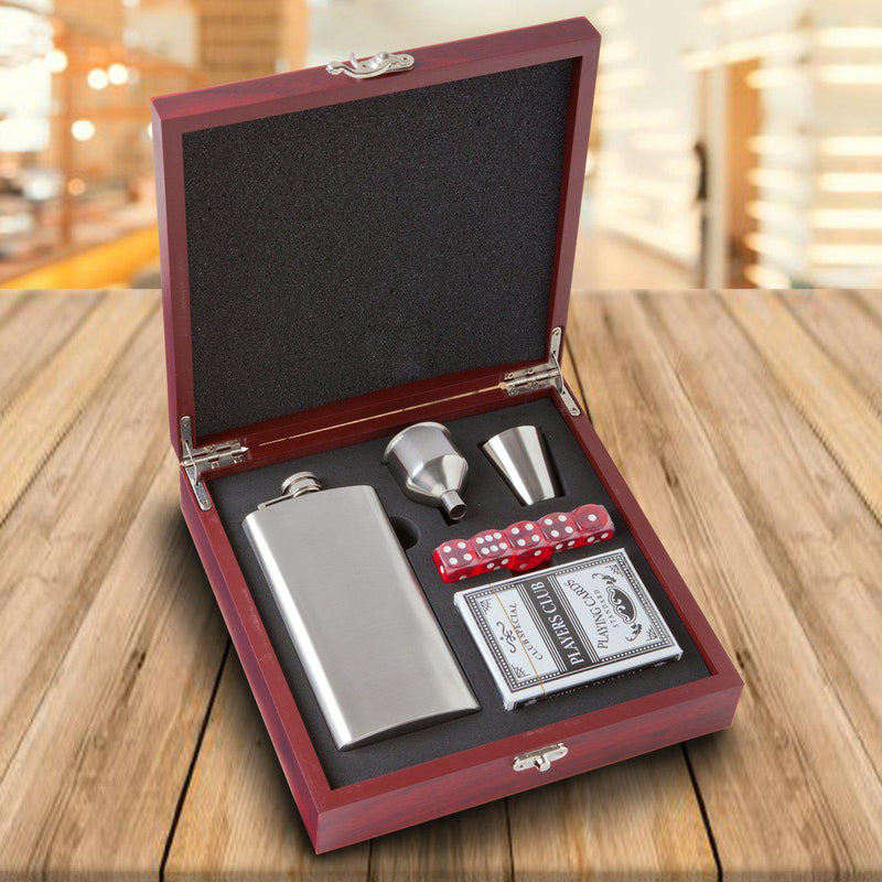 Personalized Rosewood Flask Set with Cards and Dice