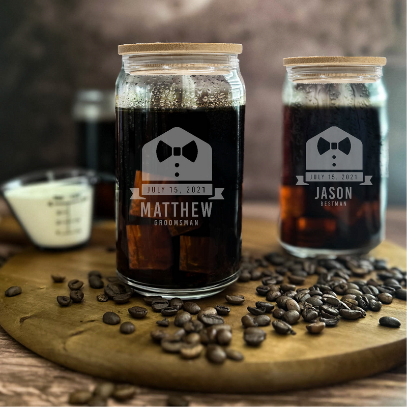Personalized 16 oz. Glass Can with Bamboo Top and Straw