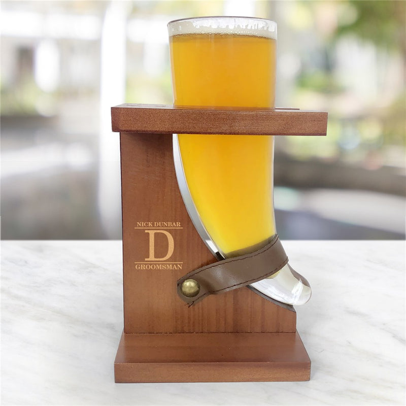 Personalized Engraved Groomsmen Horn Shaped Glass with Stand