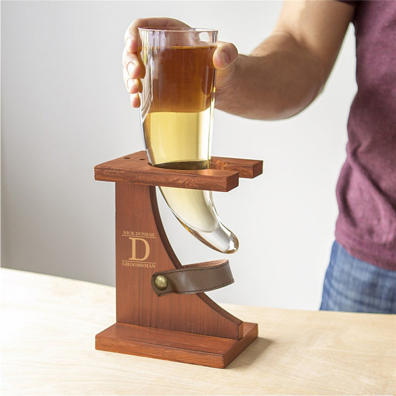 Personalized Engraved Groomsmen Horn Shaped Glass with Stand