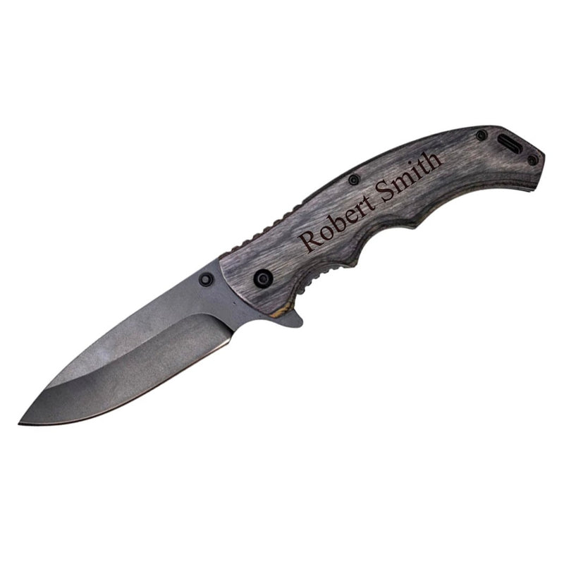 Personalized Black Blade Grey Wood Handle Knife
