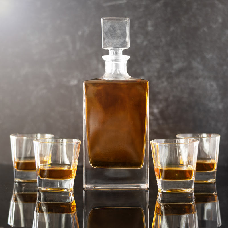 Personalized Rectangle Glass Decanter Set with 4 Rock Glasses