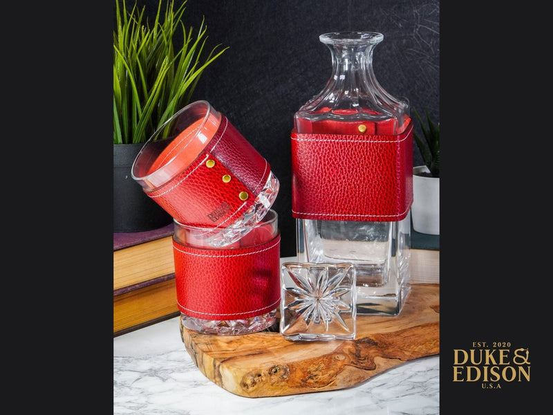 Italian Leather Decanter Set - Red Leather