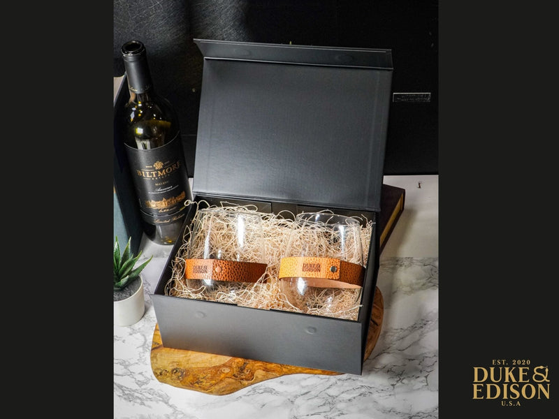 Italian Leather Stemless Wine Glass Gift Set - Yellow Leather