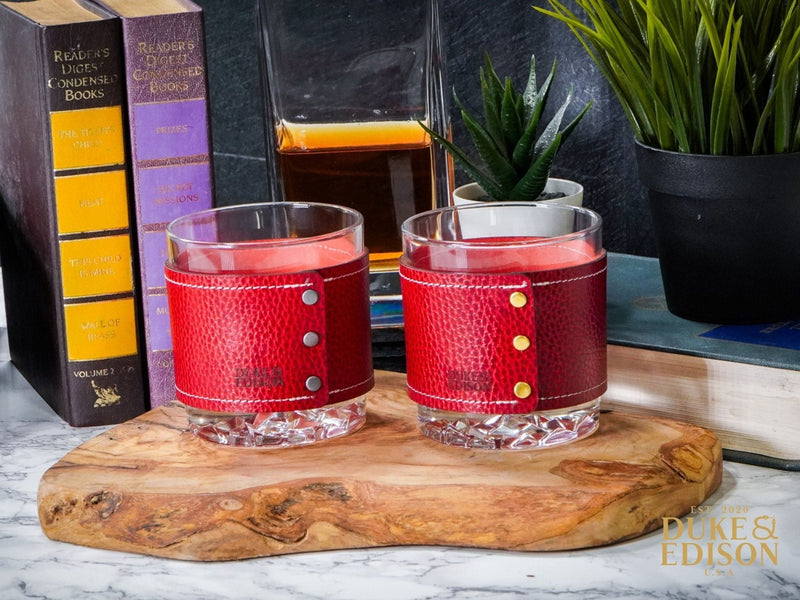 Italian Leather Whiskey  Glass Sets - Red Leather