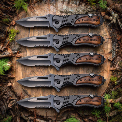 Set of 5 Personalized Black Blade Knife - Black Metal Handle