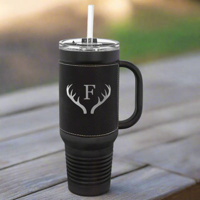 Personalized 40 oz. Black with Engraved Leatherette Travel Mugs
