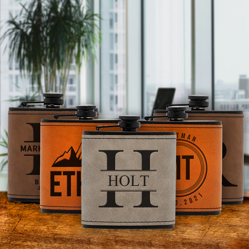 Groomsmen Gift Set of 5 Personalized Leather Wrapped Black Flasks
