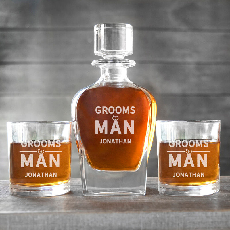 Personalized Baron Groomsman Whiskey Decanter Set with 2 Lowball Glasses