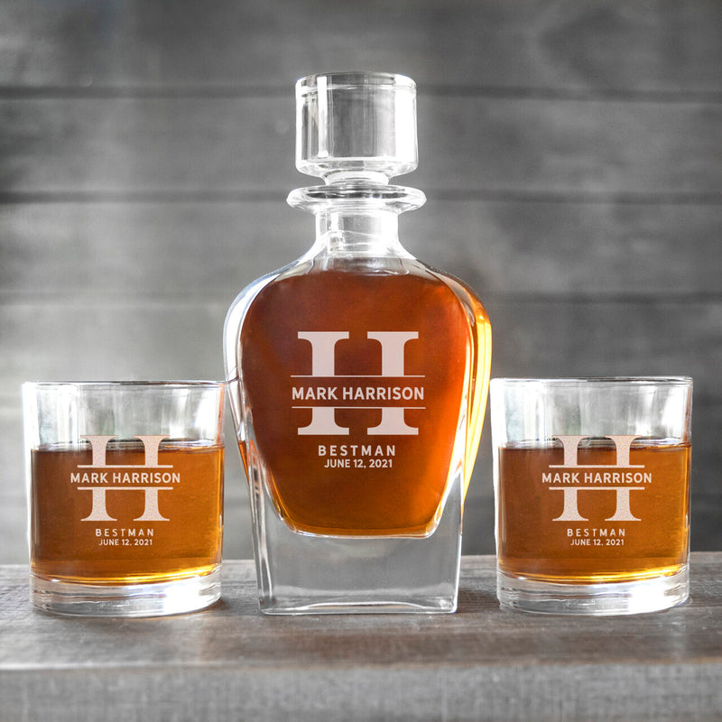 Personalized Baron Groomsman Whiskey Decanter Set with 2 Lowball Glasses