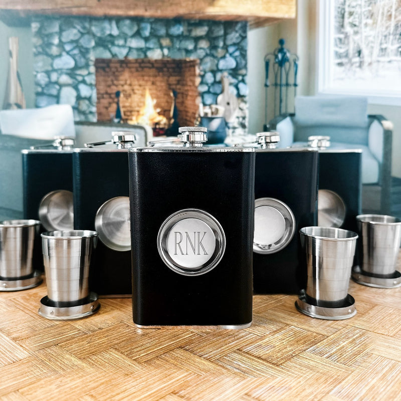 Groomsmen Set of 5 Leather Flask with Folding Shot Glass
