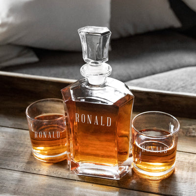 Personalized Whiskey Decanter Set with 2 Lowball Glasses - Modern Designs