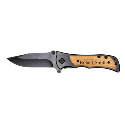 Personalized Black Blade Knife with Lightwood Handle Inlay
