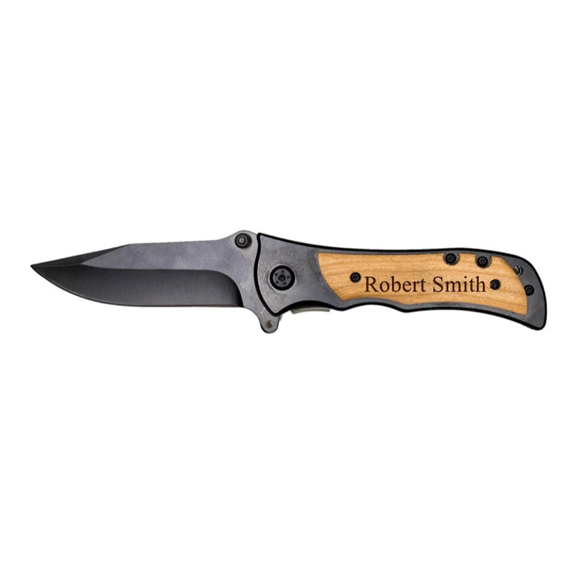 Personalized Black Blade Knife with Lightwood Handle Inlay