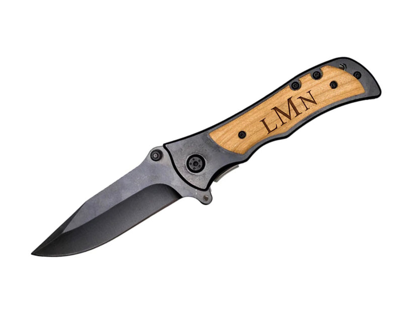 Personalized Black Blade Knife with Lightwood Handle Inlay