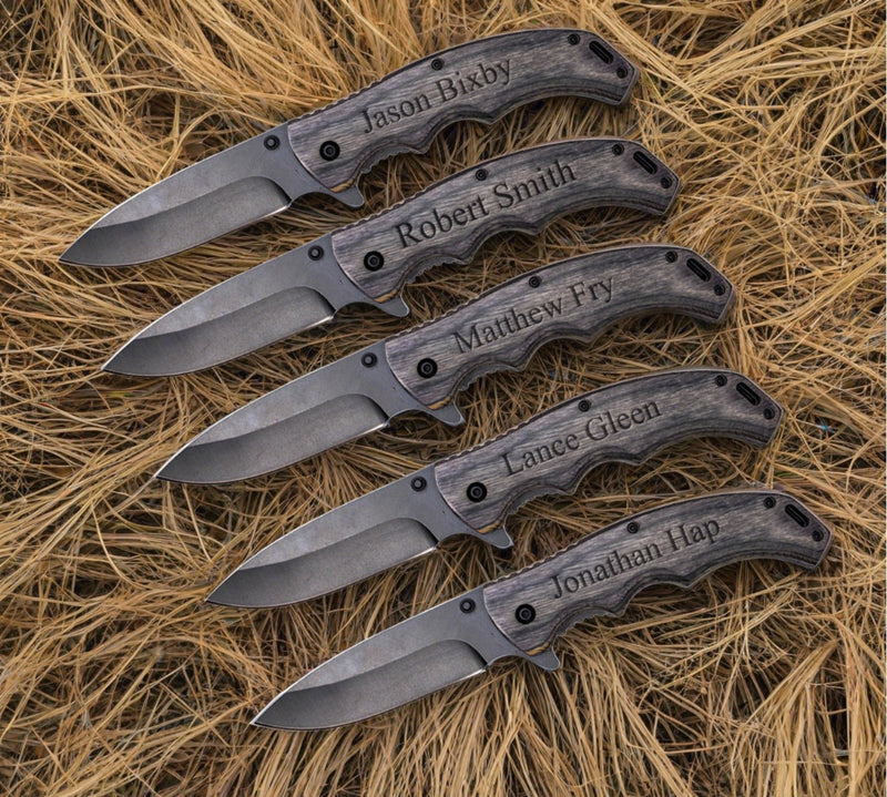 Set of 5 Personalized Black Blade Grey Wood Handle Knife