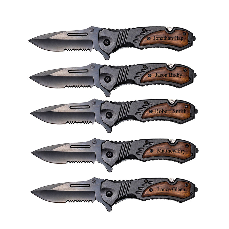 Set of 5 Personalized Black Blade Knife - Black Metal Handle