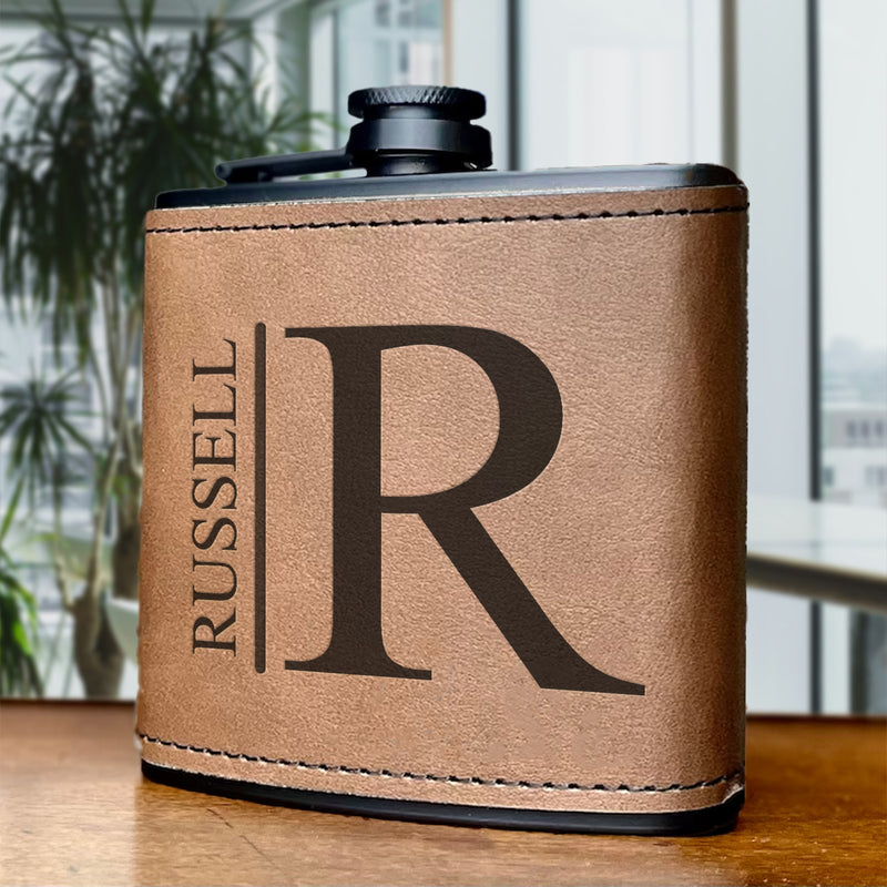 Groomsmen Gift Set of 5 Personalized Leather Wrapped Black Flasks