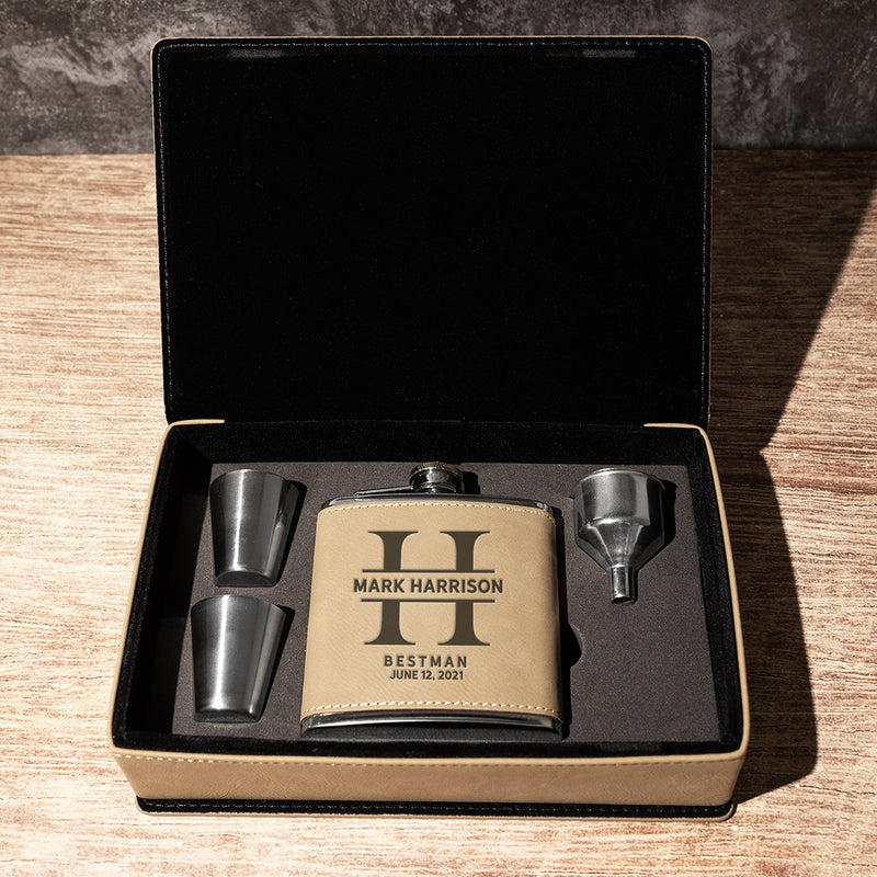 Personalized Light Brown Flask Gift Set