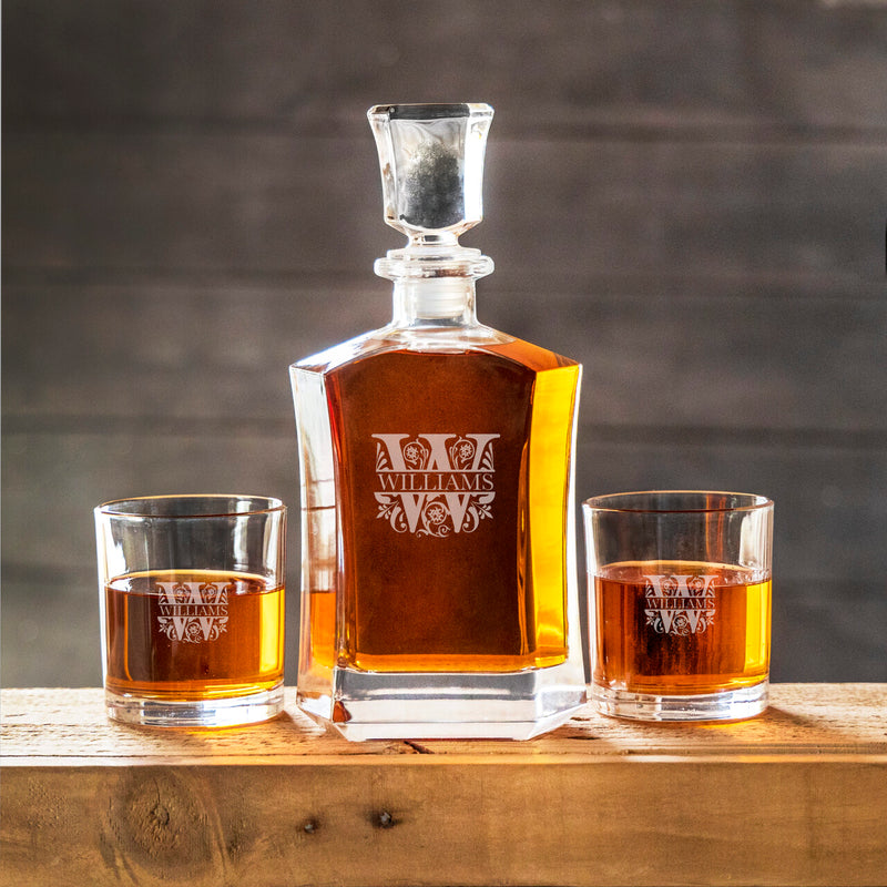 Personalized Whiskey Decanter Set with 2 Lowball Glasses